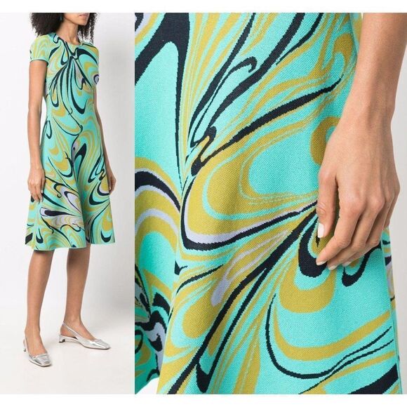 EMILIO PUCCI Turquoise Onde Print Fit & Flare Knit Knee Length Dress Siz… - Picture 2 of 14